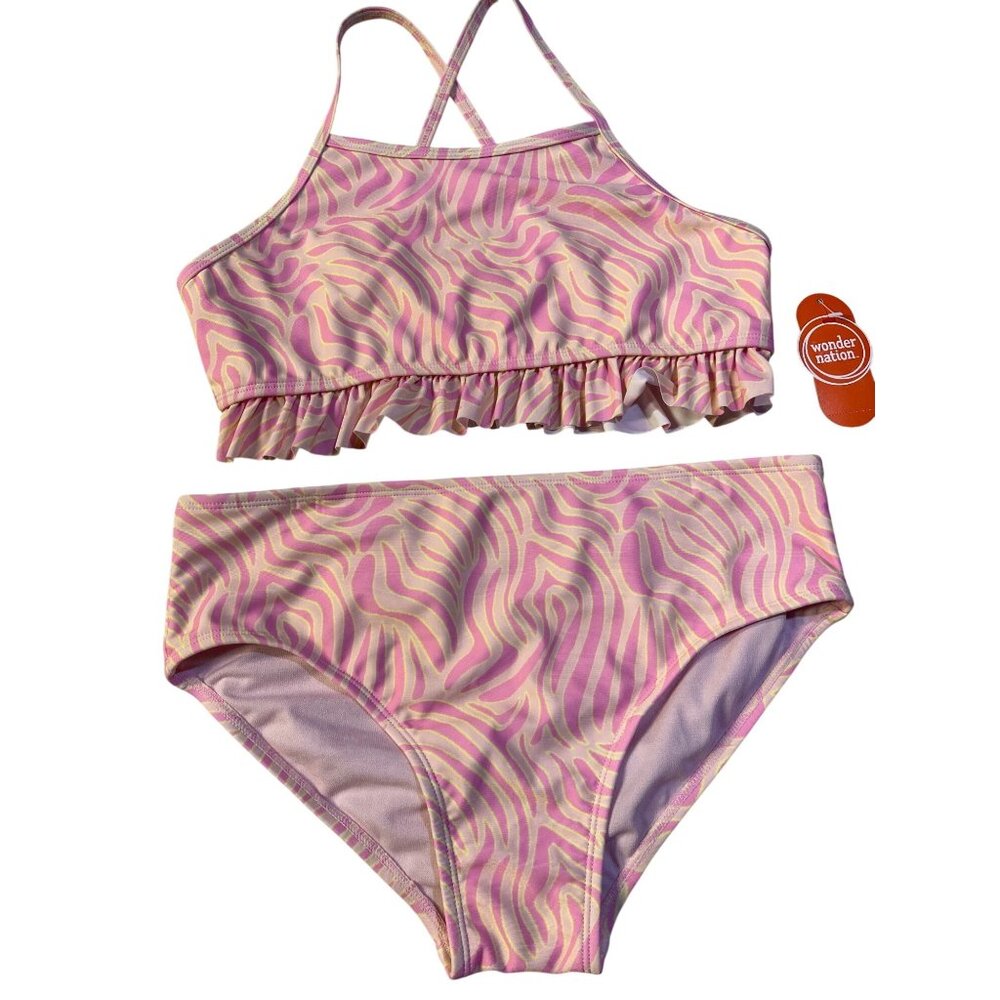 Wonder Nation Girls XXL 18 Pink & Yellow Zebra Print Two-Piece Swimsuit w ruffle